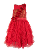 Branyork Red Solid Fit and Flare Sequinned Dress