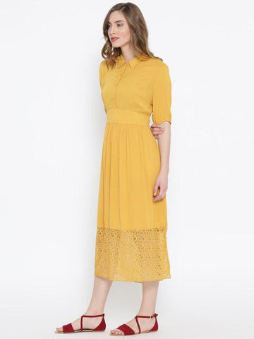 Rosyalps Mustard Yellow Solid Midi Shirt Dress